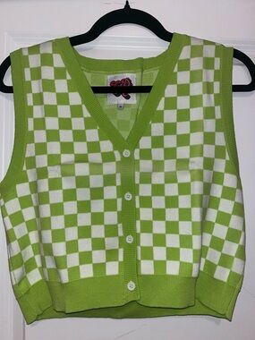 Green & White Checker Knit Button Front Vest